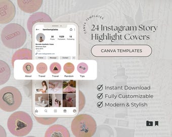 May include: A set of 24 Instagram story highlight covers in pink and white with a variety of designs. The covers are designed to be used with Canva. The text on the image reads "24 Instagram Story Highlight Covers" and "CANVA TEMPLATES".