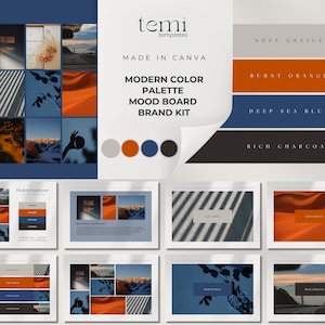 May include: A mood board with a modern color palette featuring soft greige, burnt orange, deep sea blue, and rich charcoal. The board includes images of a desert landscape, a sunset over a lake, and a close-up of a window with light shining through.