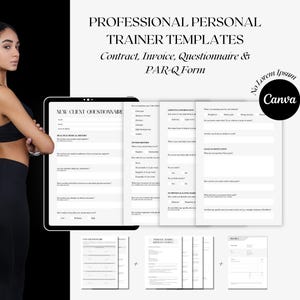 Op de afbeelding: Digitale sjablonen voor personal trainers, waaronder een contract, factuur, vragenlijst en PAR-Q-formulier. De afbeelding toont een tablet met een vragenlijst, met extra sjablonen eronder. Het Canva-logo is zichtbaar.