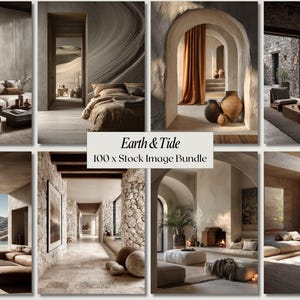 Pode incluir: Um conjunto de imagens de stock de design de interiores com tons neutros e texturas naturais. As imagens mostram várias divisões, incluindo salas de estar, quartos e corredores, com elementos como paredes de pedra, mobiliário de madeira e vasos decorativos. O texto "Earth & Tide 100 x Stock Image Bundle" é visível.