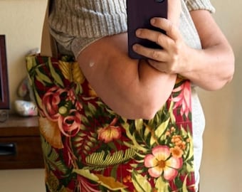 Handmade Canvas Tote Bag, Hawaiian flowers in burgandy and greens (16x13 inches). Double lined.