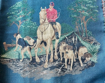 Vintage Hunting Scene Tapestry Panel, Equestrian Decor (18 in)