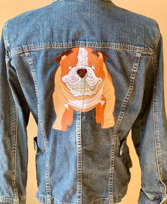 Upcycled Reworked J Jill Denim Jacket With Embroidered Bulldog. Womens Size  Medium With Pockets 