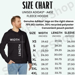 May include: Size chart for a unisex fleece hoodie with a kangaroo pocket. The chart shows sizes XS to 4XL with measurements in inches for width, length, and sleeve length.