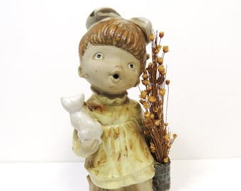 UCTCI Girl with Kitten/ Cute Vintage Ceramic Stoneware Figurine w White Cat, Straw Flowers/ Made in Japan/ Original Label
