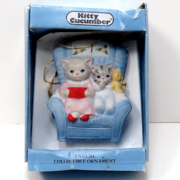 Kitty Cucumber Christmas Ornament Mom and Kitten/ 1990 Schmid B Shackman Porcelain