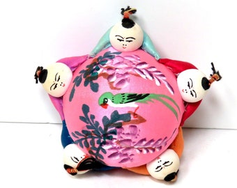 Chinese Doll Pin Cushion/ Painted Bird on Pink Silk/  5 Mini People Holding Hands / Sewing Room Accessory Asian Decor