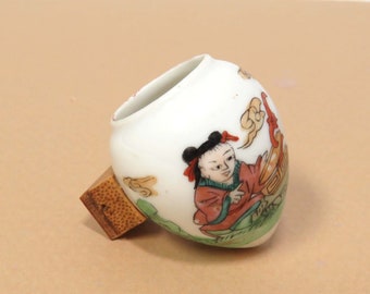 Chinese Porcelain Bird Cage Feeder or Water Bowl/ Girls in Kimonos/ Seed Holder, Asian Decor