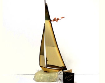 Mario Jason Sailboat Metal Art Sculpture/ MCM Brass, Onyx, Copper/ Boat with Seagull/ Artist Signed, Orig Hang Tag
