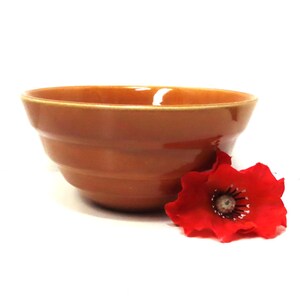 May include: A brown ceramic bowl with a layered design. A bright red flower with a dark center rests beside the bowl. The bowl is set against a white background, highlighting its shape and color.