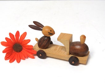 Goula Spain Bunny Train Locomotive/ Vintage Folk Art Miniature Rabbit Figurine/ Train Engineer 2 Tone Wood