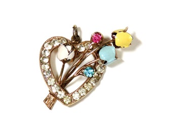 Rosebud Heart Pendant, Vintage Necklace/ Enamel Roses and Rhinestones