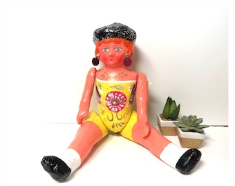 Mexican Large Paper Mache Folk Art Doll/ Vintage Jointed Redhead 17" Doll/ Black Glitter Beret and Earrings!