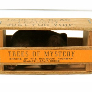 May include: A small wooden box with a brown bear inside. The box has a label that reads "Trees of Mystery, Shrine of the Redwood Highway, Klamath, Calif. 95548".