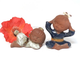 UCTCI Boy Girl Japanese Figurines Pair/ Vintage Redware Pottery Kids in Kimonos/  Made in Japan