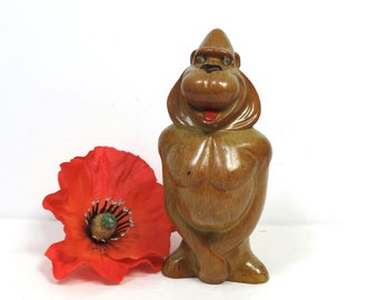 Carved Wood Monkey with Rhinestone Eyes/ Vintage Baboon Figurine