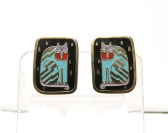 Laurel Burch Fantasticat Post Earrings/ Enamel on Goldtone Colorful Cats/ Vintage Jewelry for Pierced Ears