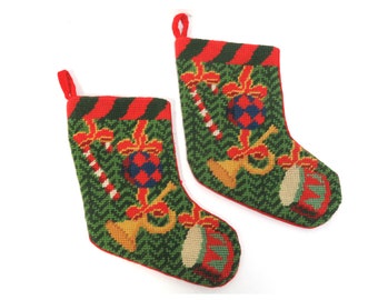 Needlepoint Christmas Stocking Pair/ Small Stockings with Vintage Toys/ Holiday Decor