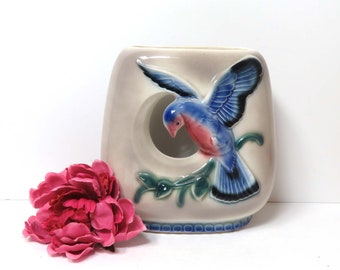 Vintage ROYAL COPLEY Open Pillow Vase Planter/  Blue Bird Mid Century Ceramic Pottery