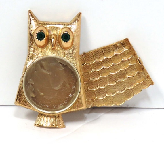 Vintage Owl Perfume Locket Brooch/ Gold Tone w Gr… - image 4