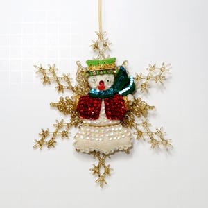 Cute Snowman Snowflake Sequin Ornament/ Vintage Handmade Christmas Decor