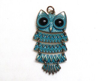 Turquoise Enamel Articulated Owl Pendant/ Small Vintage Goldtone and Aqua Blue Woodland Bird