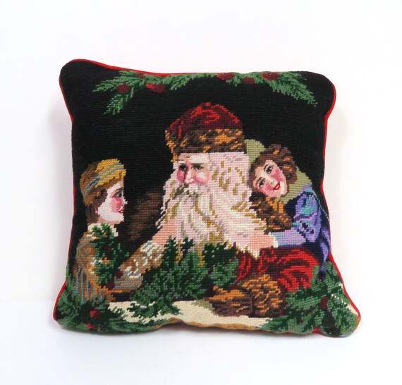 Needlepoint Christmas Pillow Victorian Old Saint Nick Santa Etsy