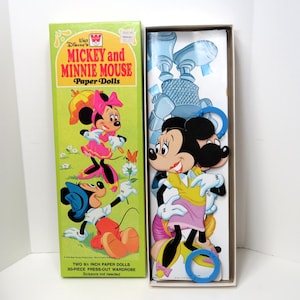 Mickey and Minnie Mouse 1972 Paper Dolls, Uncut in orig Box / 30 pc punch out wardrobe/ Vintage Walt Disney Whitman