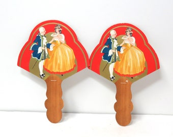 Vintage Art Deco Bridge Tally Cards, Set of 2/ Gilded Cardboard  Fan Shape/ Courting Couple with Gold Trim