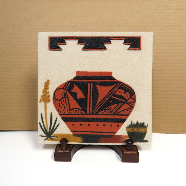 Southwest Sand Painting Art 8" Square / Native American Pottery/ New Mexico Souvenir signed Ben Samm