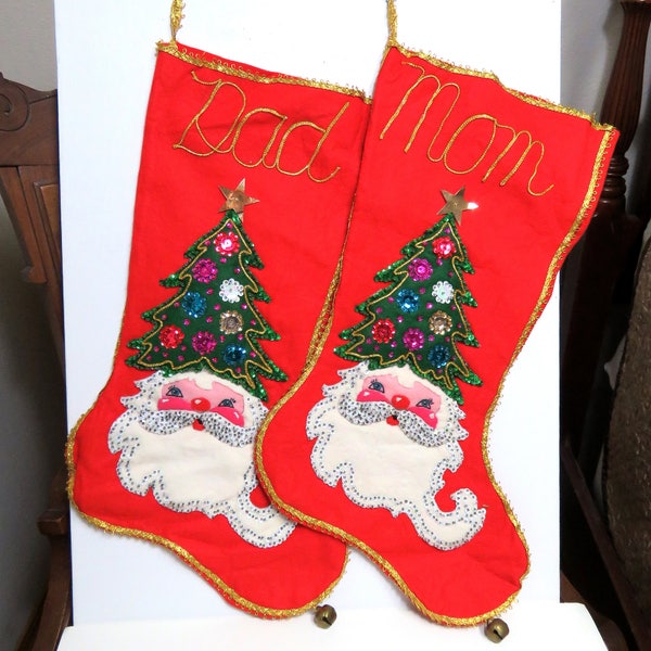 RESERVE for lajolla1516...Vintage Santa Christmas Stockings Pair (HUGE)/ Hand Stitched Beads, Sequins, Applique on Felt/ For Mom and Dad