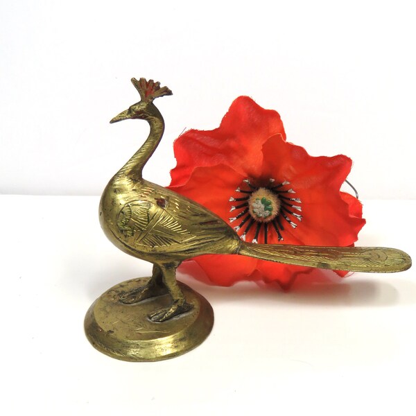 Small Brass Peacock Figurine/ Etched Bird Made in India