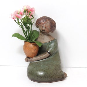 Vintage Stoneware  Lady with Jar Vase/ UCTCI Vintage Pottery Seated Girl/ MCM Style Ceramic Figurine