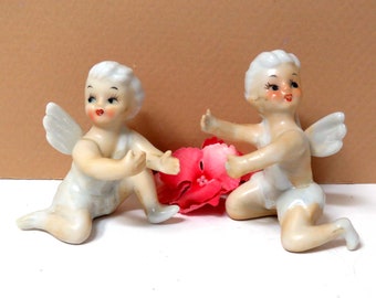 VTG Fairy Girls Pair of Candle Huggers/ Angel Cupid Ceramic Figurines, set of 2 Ponytail Fairies