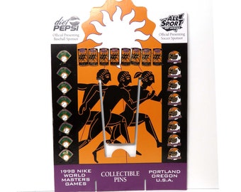 Nike 24 Collector Pins Store Display/ 1998 NIKE World Masters Games Pepsi All Sport/ Baseball Soccer Collectible