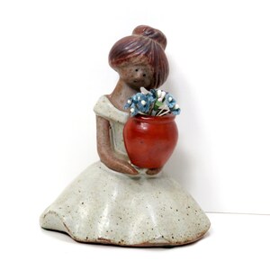Vintage Stoneware Girl with Vase/ UCTCI Japan  Ceramic Figurine with Silk Flowers