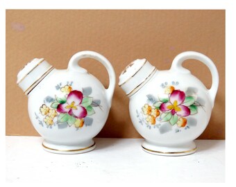 VTG Floral Porcelain Salt and Pepper Shaker Set/ Round Ball Handled Jug Shape/  Occupied Japan