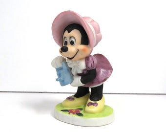 Disney Minnie Mouse Ceramic Figurine/ Gardener w Bonnet and Watering Can/ Vintage Disneyana Made in Taiwan