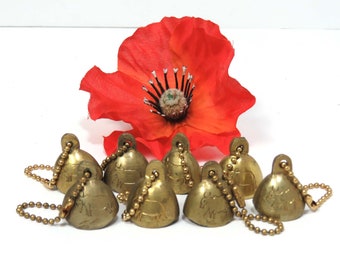 Vintage Brass Bell Key Chains Lot/ Set of 8 with Etched Cow or Water Buffalo/ Boho Hippie  India