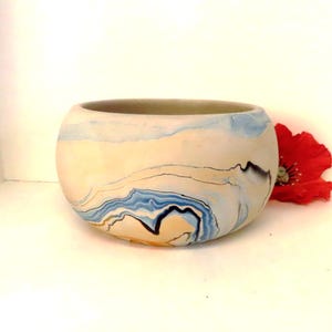 Nemadji Pottery Bowl, Turquoise Blue Orange Black Swirl Marbled Pot, VTG Southwest Decor
