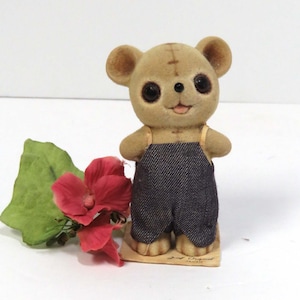 Josef Originals Fuzzy Wazzy Teddy Bear in Overalls/ Vintage Flocked Animal Figurine/ George Good made in Japan