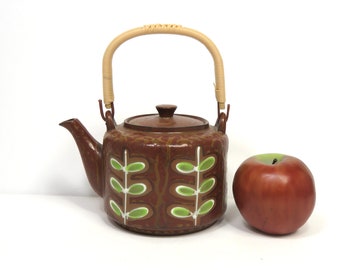 Stoneware Pottery Teapot/ Made in Japan/ Retro Green Leaf Motif on Brown/ Wrapped Handle