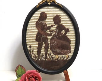 Embroidered Silhouette in Antique Frame/ Courting Couple Romantic Needlepoint/ Victorian Wall Decor