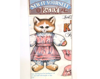 Toy Works Cat Cut and Sew Fabric Panel/ Vintage "Miss Kitty" Sew-It-Yourself Kitten Girl Doll NOS