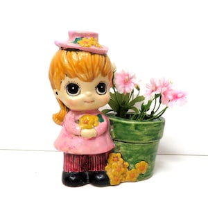 Josef Originals Big Eyed Girl Planter Vase/ Cute Mod Era Flower Child in Pink Hat