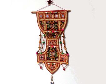 VTG India Fabric Wall Hanging/ Organizer w Kachchi Embroidery, Beads, Mirrors, Tassels Shells/ Banjara Textiles Boho Home Decor