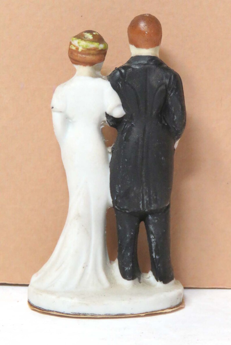 Antique Bride & Groom Cake Topper /1930 Ceramic Bisque Wedding Couple/ Small Vintage Figurine image 5