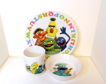 VTG Sesame Street Character Plastic Dishes, Alphabet Plate, Mug, Cookie Monster Bowl