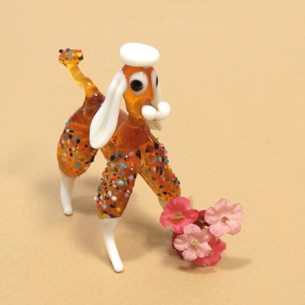 Glass French Poodle Figurine/ Vintage Lampwork Glass Dog/ Amber with Glass "Confetti"