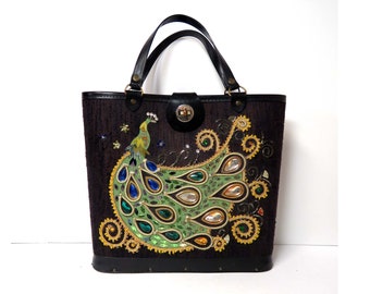 Vintage Jeweled Peacock Purse/ Retro Handbag in Black/ Wood Bottom